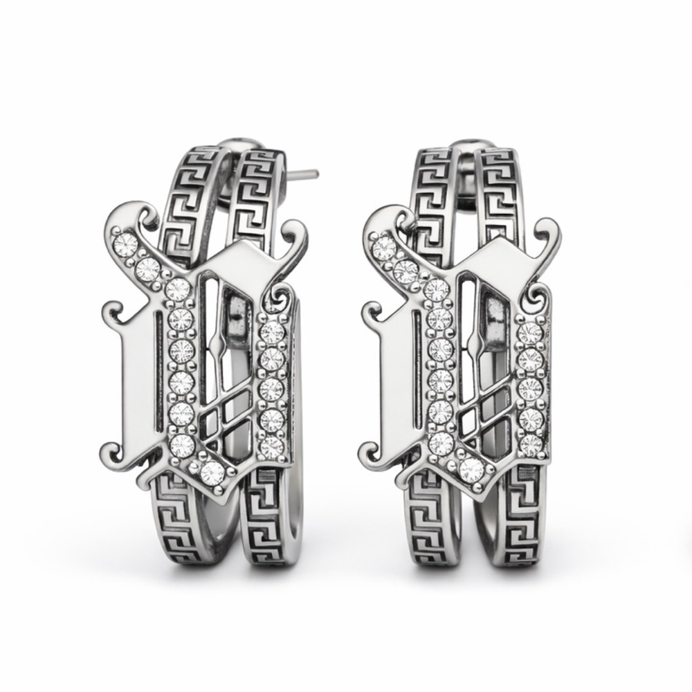 Auth Versace Silver rhinestone double Hoop Greca Earrings Logo Font Design 1.5”